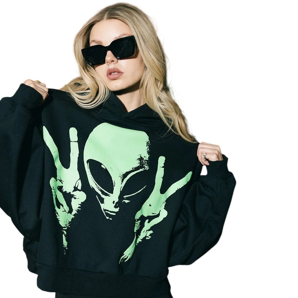 Dressed in Lala I Come in Peace Alien Graphic Hoodie S/M Black Neon Cropped